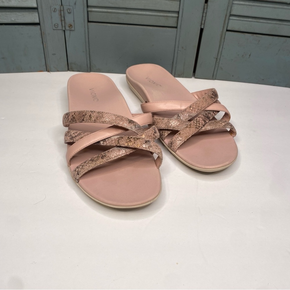Vionic DAVA Leather Pink & Snakeskin Print Slip On Sandals Size 10M